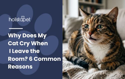 HolistaPet blog header "Why Does My Cat Cry When I Leave the Room?" beside a calico cat resting on a couch.