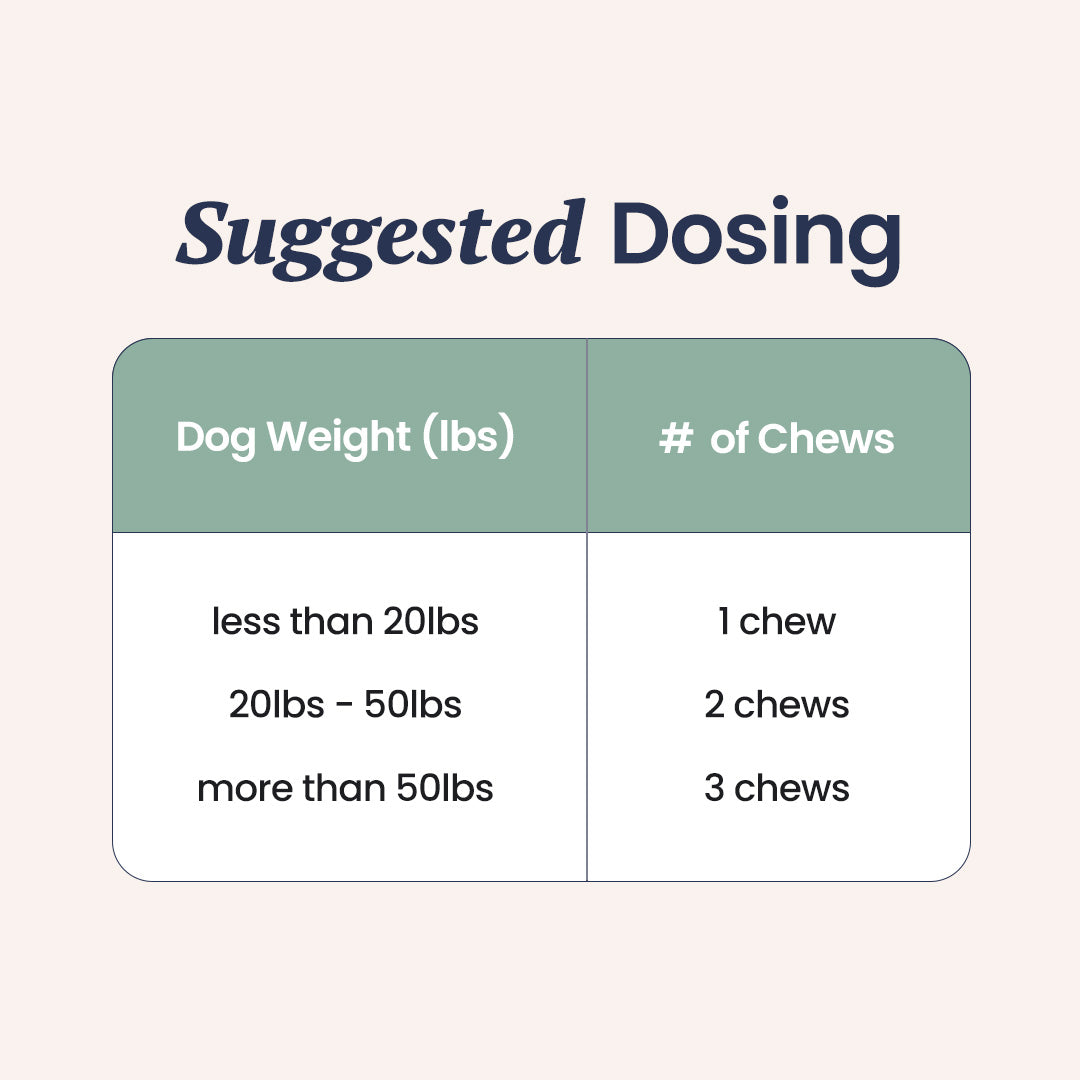 Product facts label for calming chews, listing active and inactive ingredients.
