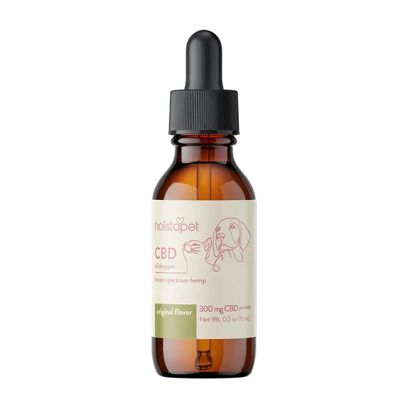HolistaPet CBD oil for dogs in a dropper bottle, 300mg tincture, designed to support pet health and wellness.