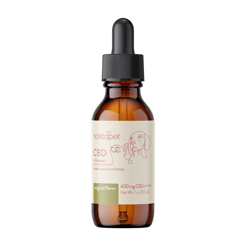 HolistaPet CBD oil for dogs in a dropper bottle, 600mg, natural hemp extract for pet wellness and support.