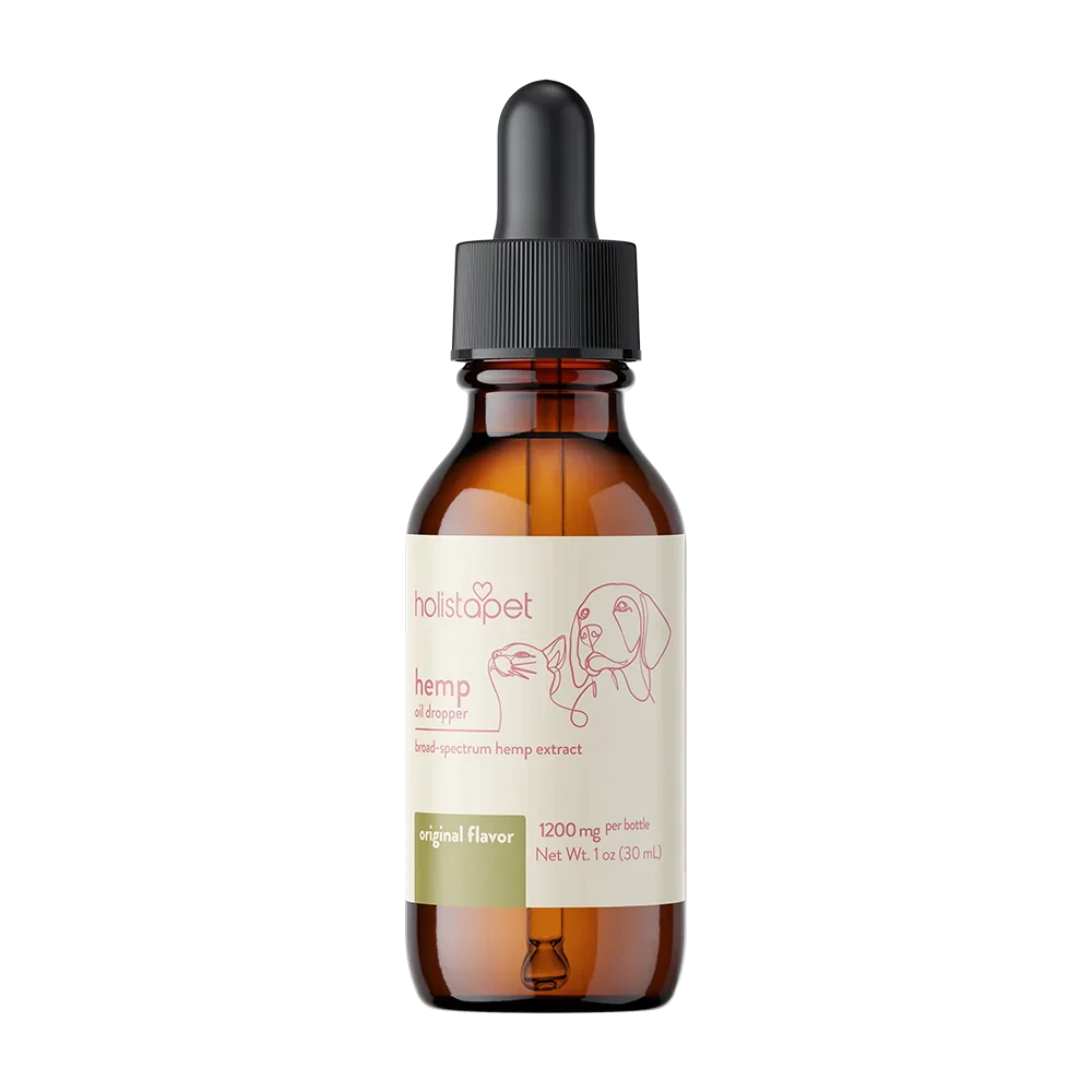 HolistaPet CBD oil for dogs, 1200mg hemp tincture in a small glass bottle with dropper for easy dosing.