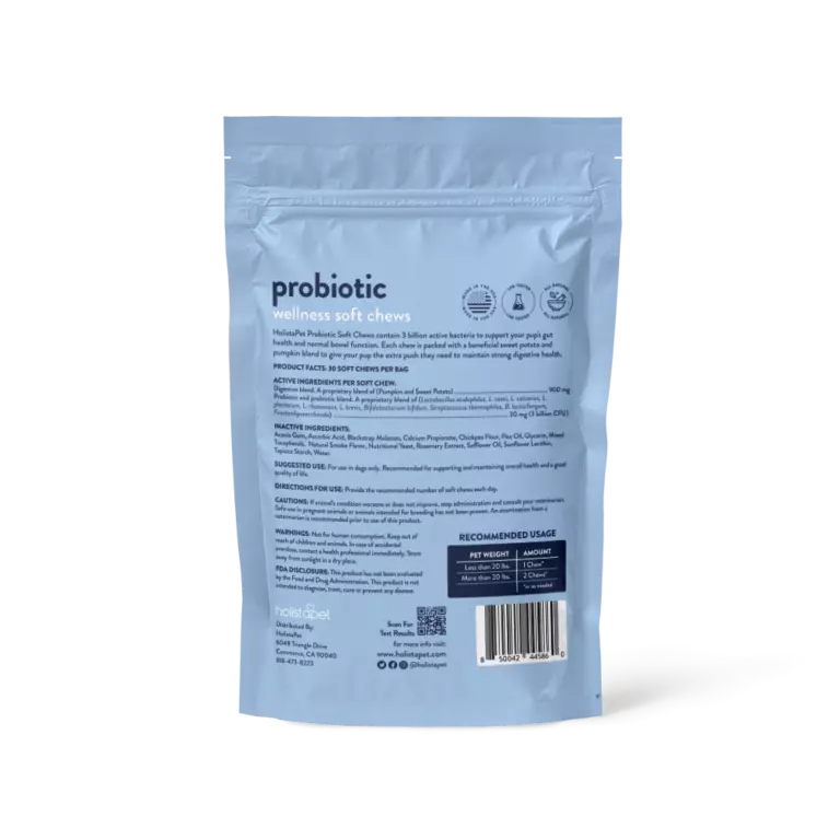 HolistaPet probiotic soft chews for dogs, showing the dog treats in a resealable bag with colorful packaging.