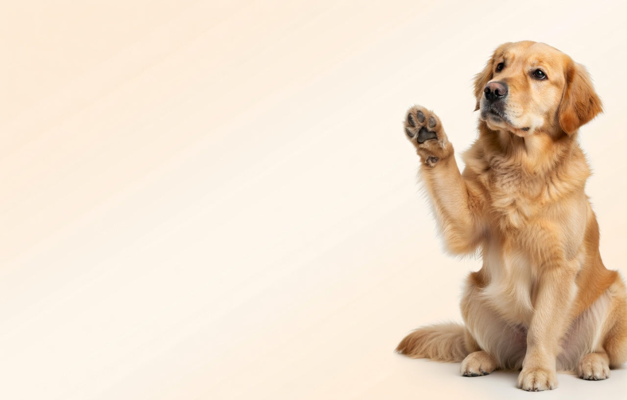 Dog sitting on a beige background with one paw raised