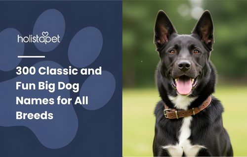 A black Big Dog with brown eyes and a white chest, wearing a brown collar, sits outdoors with its tongue hanging out.