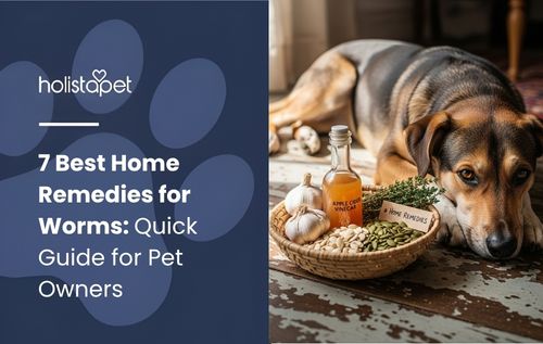 home remedies for worms in dogs (featured blog image by Holistapet) shows a dog lying beside different home remedies for worms