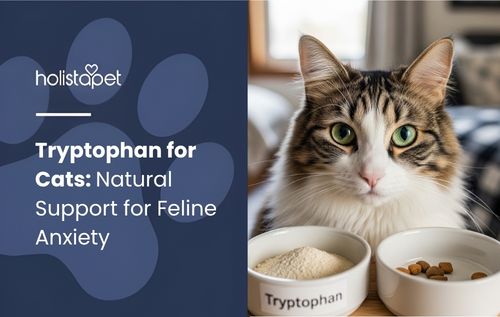 A tabby cat with green eyes examining two food bowls — one with kibble and one with wet food — representing tryptophan for cats as a dietary supplement option.