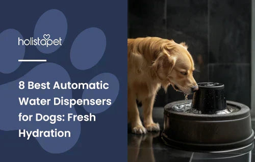 A golden retriever drinking from an automatic water dispenser.
