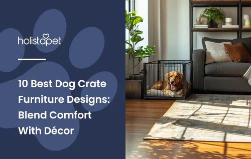 A golden retriever laying down in a crate next to a couch in a living room.