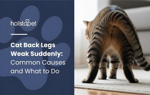 A tabby cat with weak back legs stands with its back arched and tail raised, facing away from the camera.