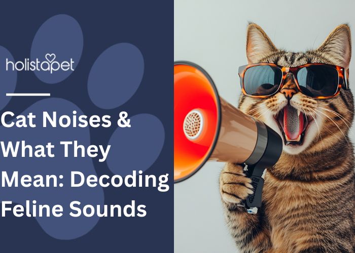 Cat Noises featured blog image by Holistapet. Shows an image of a cat with sunglasses speaking into a loud speaker.