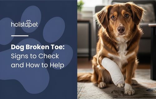 Brown dog with a white bandage on its front leg sits, illustrating a Dog Broken Toe injury while the pet rests during recovery.