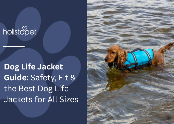 Dog Life Jacket Guide featured blog image by Holistapet. Shows a dog wearing a bright blue life jacket while standing in shallow water.