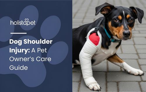 Tri-colored dog lying on a paved surface with a blue collar, highlighting Dog Shoulder Injury