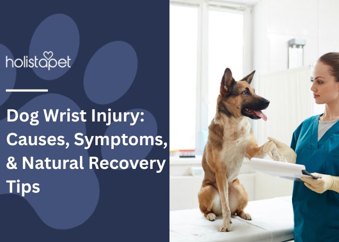 Dog wrist injury featured blog image by Holistapet. shows a vet inspecting a German Shepherd's injured wrist.