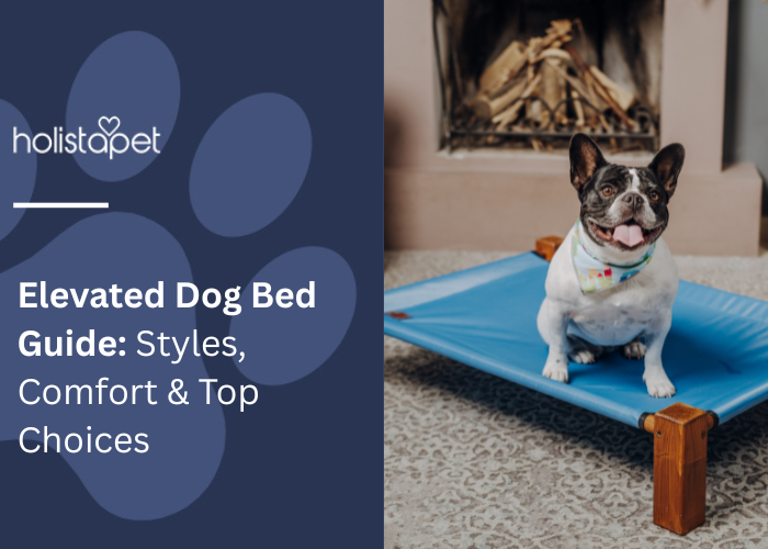 Elevated Dog Bed Guide:Feature image by Holistapet. Shows a French Bulldog sitting happily on a blue elevated dog bed in a cozy indoor setting.
