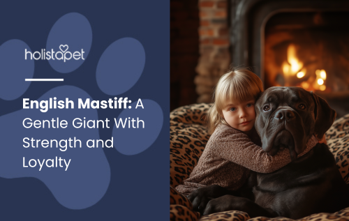 feature image by holistapet:Young girl cuddling a large English Mastiff by a cozy fireplace.