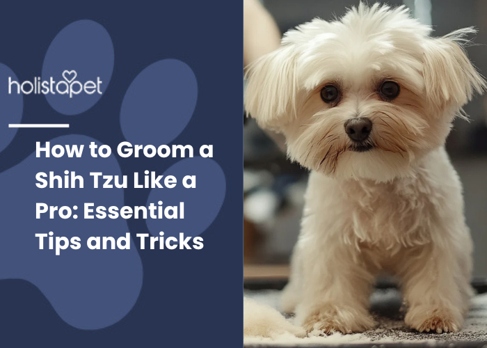 a white shih tzu standing and ready for his groomer