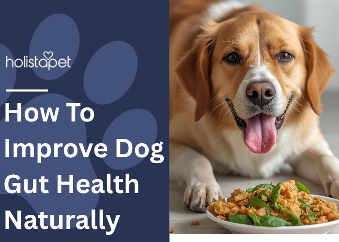 How To Improve Dog Gut Health Naturally Featured blog Image by Holistapet. Shows a dog with a plate of homemade dog food in front of it. 
