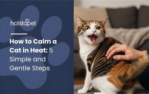 A calico cat meowing while being petted, featured in an article about how to calm a cat in heat.