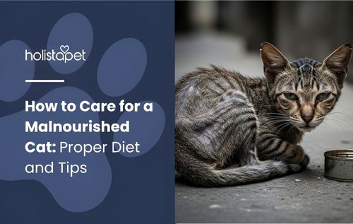 How to Care for a Malnourished Cat — a thin, dirty cat with matted fur sits on a concrete surface next to a small metal bowl.
