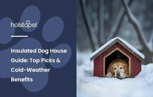 A golden retriever laying down in a dog house in the snow.