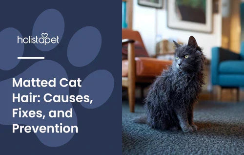 A black cat with matted fur with the title "Matted cat hair".