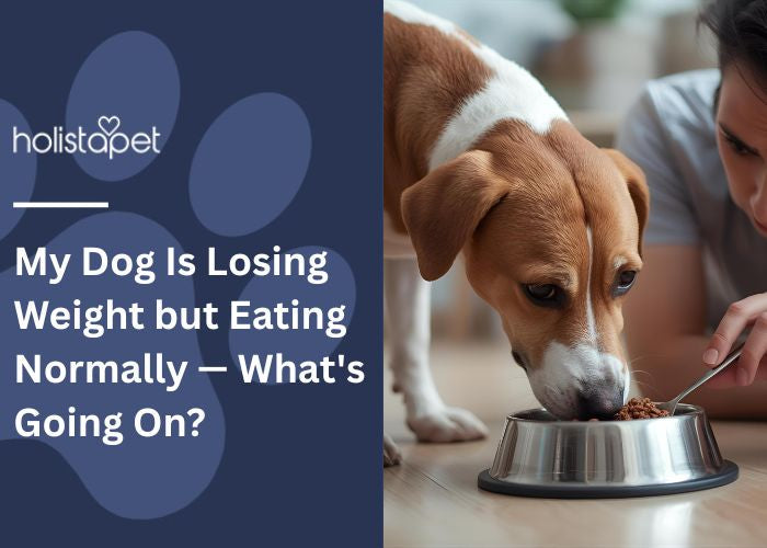 My Dog Is Losing Weight but Eating Normally featured blog image by Holistapet. Shows a dog eating from its feeding dish with its owner crouching near the dog's face.