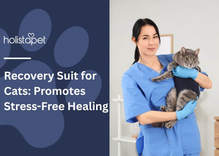 Recovery Suit for Cats featured blog image by Holistapet. Shows a female vet tech holding a cat that is wearing a recovery suit.