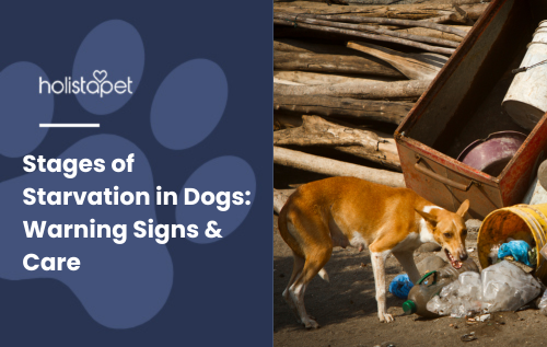 Stages of Starvation in Dogs featured blog image by Holistapet. Shows a visibly thin dog with a somber expression, highlighting signs of neglect or malnutrition.