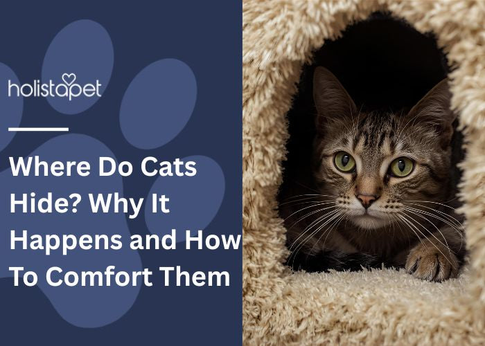 Where do cats hide featured blog image by Holistapet. show a cat hiding in a cubby hole.