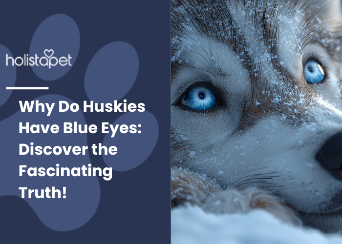 A close-up of a Siberian Husky's face with striking blue eyes and snow on its fur. 
