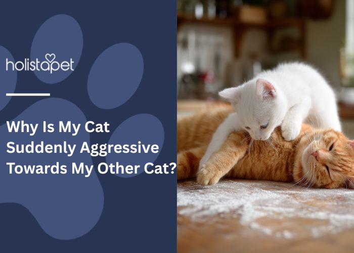 Why Is My Cat Suddenly Aggressive Towards My Other Cat featured blog image by Holistapet. Shows a white cat is smothering an orange cat aggressivly.