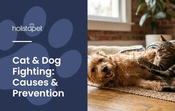 Cat and Dog Fighting featured blog image by Holistapet. Shows a dog and a cat play fighting with each other