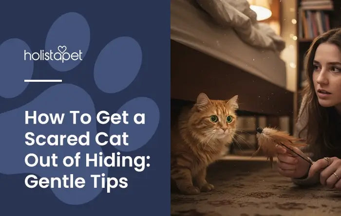How To Get A Scared Cat Out Of Hiding featured blog image by Holistapet. Shows a woman kneeling down trying to coax a scared cat from under the bed.