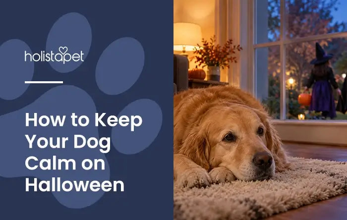 How to Keep Dogs Calm On Halloween featured blog image by HolistaPet. Sows a Golden retriever lying down calmly indoors whie trick-or-treaters are outside the window.