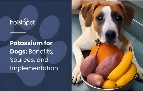 A dog lies behind a bowl of fruits and vegetables rich in potassium for dogs, including bananas, sweet potatoes, and a pumpkin.