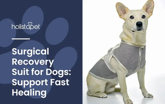 Surgery Recovery for Dogs featured blog image by Holisapet. Shows a tan dog wearing a gray surgical recovery suit.
