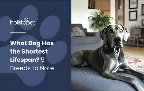 A greyhound dog rests on a blue sofa in a well-lit room with houseplants and framed pictures in the background, while the phrase “what dog has the shortest lifespan” appears subtly as part of the scene’s design.